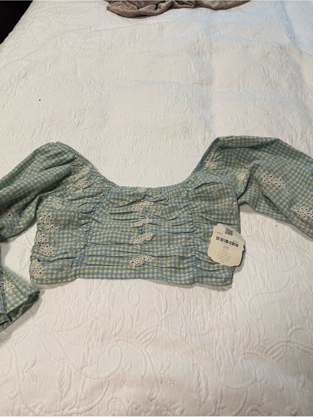Altar'd State Green Gingham Smocked Puff Sleeve Crop Top